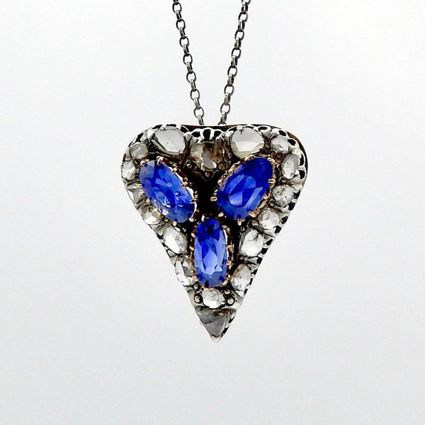 Victorian Ceylon No Heat Sapphire and Rose Cut Diamond Heart Shaped Pendant Pendant Kirsten's Corner Jewelry 