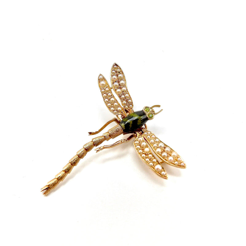 14K Gold Dragonfly Pendant with Garnet & Pearls Pendant Kirsten's Corner 