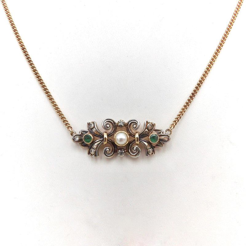 Victorian 18K Gold & Silver Necklace w/ Emeralds, Pearl & Diamonds I Kirsten's Corner Necklace Kirsten's Corner 