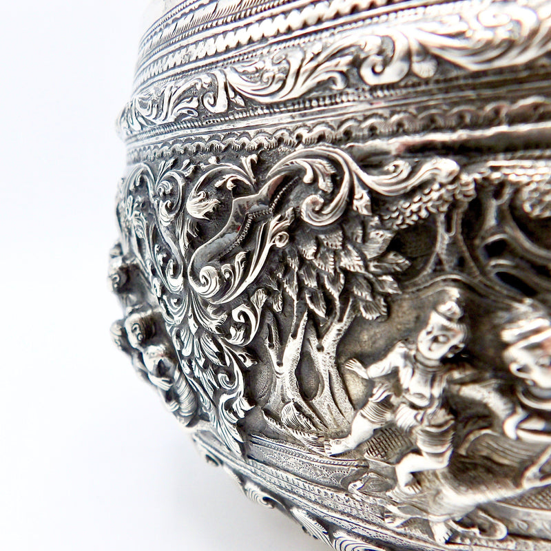 British Indian-Burmese Figural Landscape Repoussé Silver Bowl Objects of Virtue Kirsten's Corner Jewelry 
