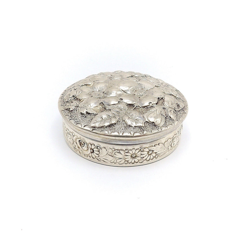 Victorian Gorham Sterling Silver Floral Repousse Rouge Pot or Pill Box Objects of Virtue Kirsten's Corner Jewelry 