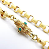 Georgian 18K Gold Beaded Muff Chain with Etruscan Revival Turquoise Clasp Chain Kirsten's Corner Jewelry 