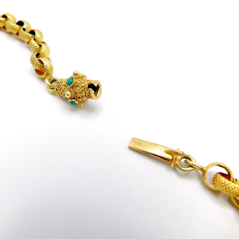 Georgian 18K Gold Beaded Muff Chain with Etruscan Revival Turquoise Clasp Chain Kirsten's Corner Jewelry 
