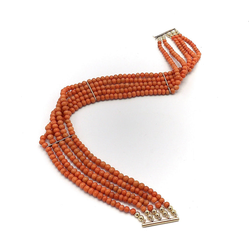 Victorian 5 Strand Coral Choker With 10K Gold Bars & Clasp Necklace Kirsten's Corner Jewelry 