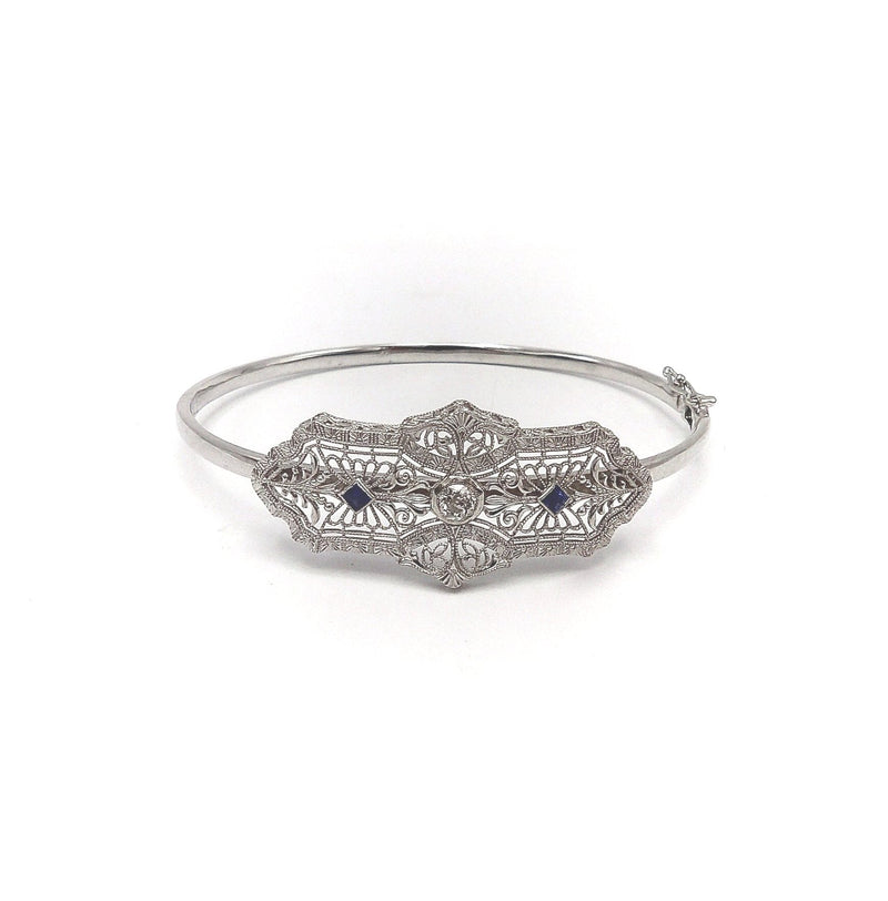 14K White Gold Art Deco Diamond & Sapphire Bracelet Brooch Kirsten's Corner Jewelry 
