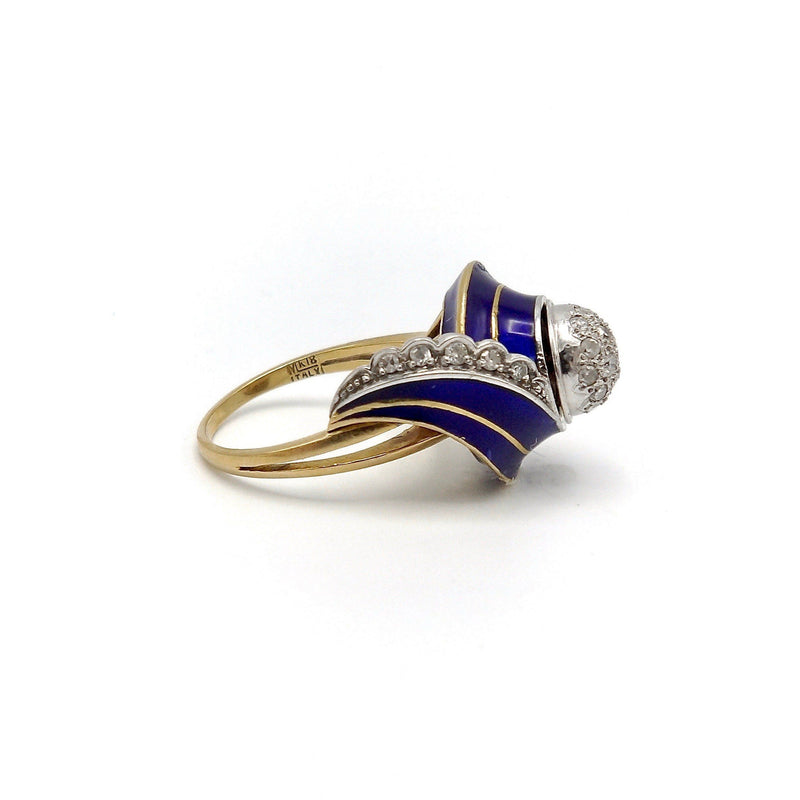 Art Deco 18K White and Yellow Gold, Blue Enamel, and Diamond Ring Ring Kirsten's Corner Jewelry 