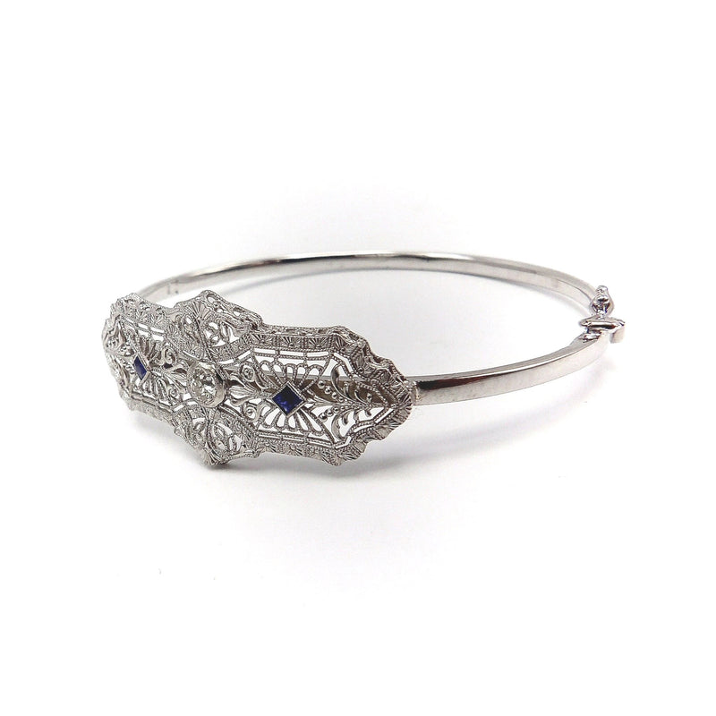 14K White Gold Art Deco Diamond & Sapphire Bracelet Brooch Kirsten's Corner Jewelry 