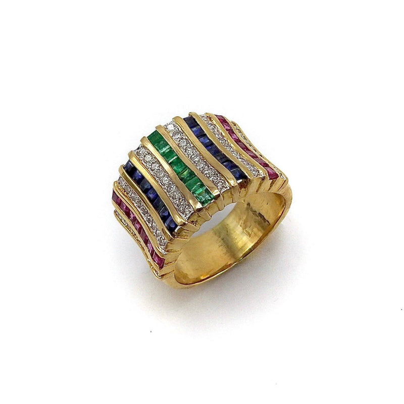 18K Gold Diamond, Ruby, Sapphire, and Emerald Wide Band Ring Kirsten's Corner 