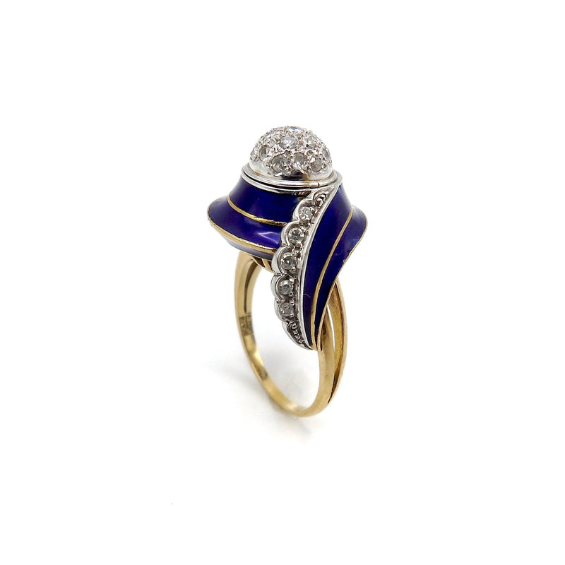 Art Deco 18K White and Yellow Gold, Blue Enamel, and Diamond Ring Ring Kirsten's Corner Jewelry 