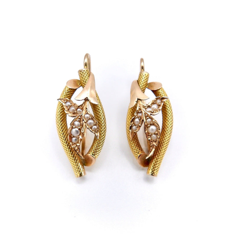 Victorian 14K Gold and Seed Pearl Leaf Shaped Earrings Kirsten's Corner Jewelry 
