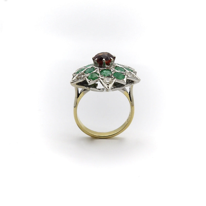 18K Gold Starburst Ring with Spessartite Garnet, Emeralds, and Diamonds Ring Kirsten's Corner Jewelry 