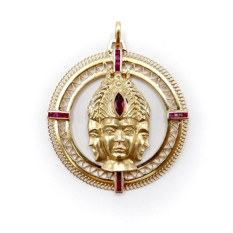 Three Headed Trimurti Hindu Gold Medallion with Rubies Pendant Kirsten's Corner 