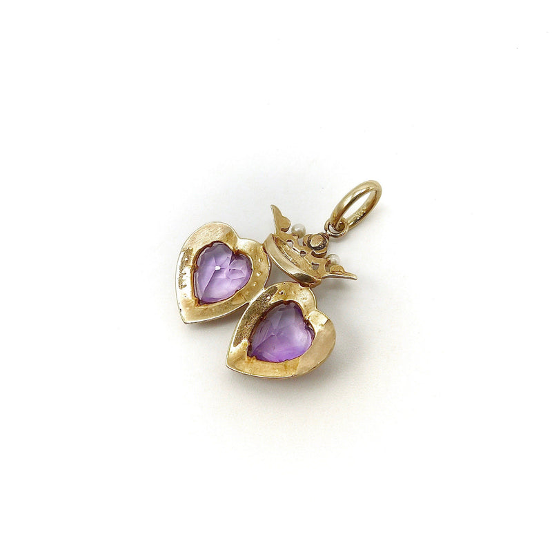 Victorian 14K Gold Double Heart Pendant with Amethyst and Pearls Pendant Kirsten's Corner 