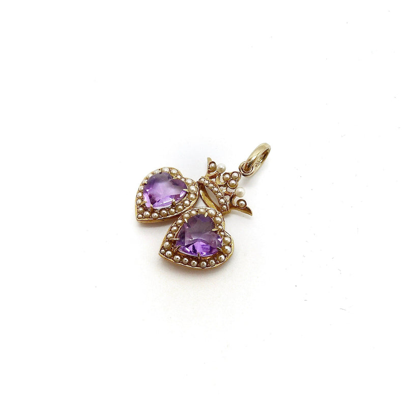Victorian 14K Gold Double Heart Pendant with Amethyst and Pearls Pendant Kirsten's Corner 