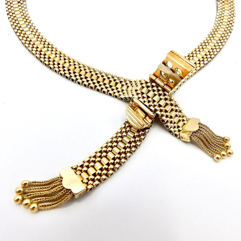 14K Woven Gold Necklace with Buckle Clasp and Tassels Necklace Kirsten's Corner 