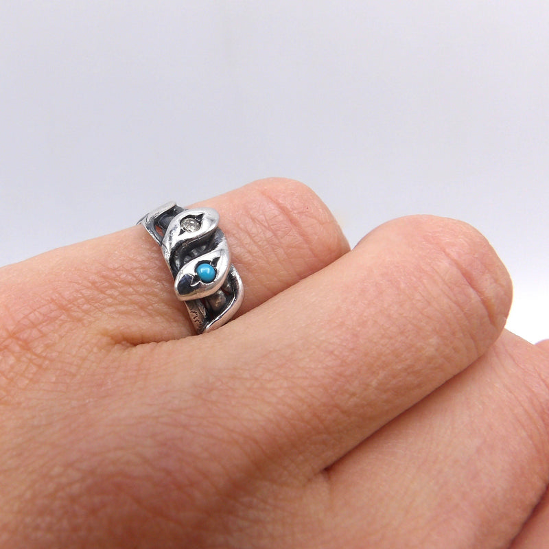 Victorian Revival Sterling Silver Snake Ring w/ Diamond & Turquoise Ring Kirsten's Corner Jewelry 