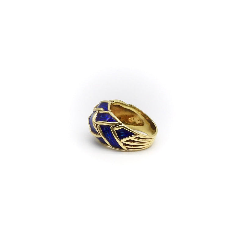 18K Gold Blue Enamel Hidalgo Basket Weave Dome Ring Ring Kirsten's Corner 