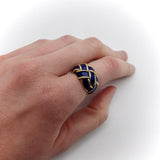 18K Gold Blue Enamel Hidalgo Basket Weave Dome Ring Ring Kirsten's Corner 