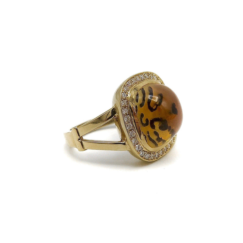 Leopard Spotted Reverse Painted Citrine Cabochon Ring with Diamond Halo in 14K Gold Ring Kirsten's Corner 