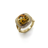 Leopard Spotted Reverse Painted Citrine Cabochon Ring with Diamond Halo in 14K Gold Ring Kirsten's Corner 