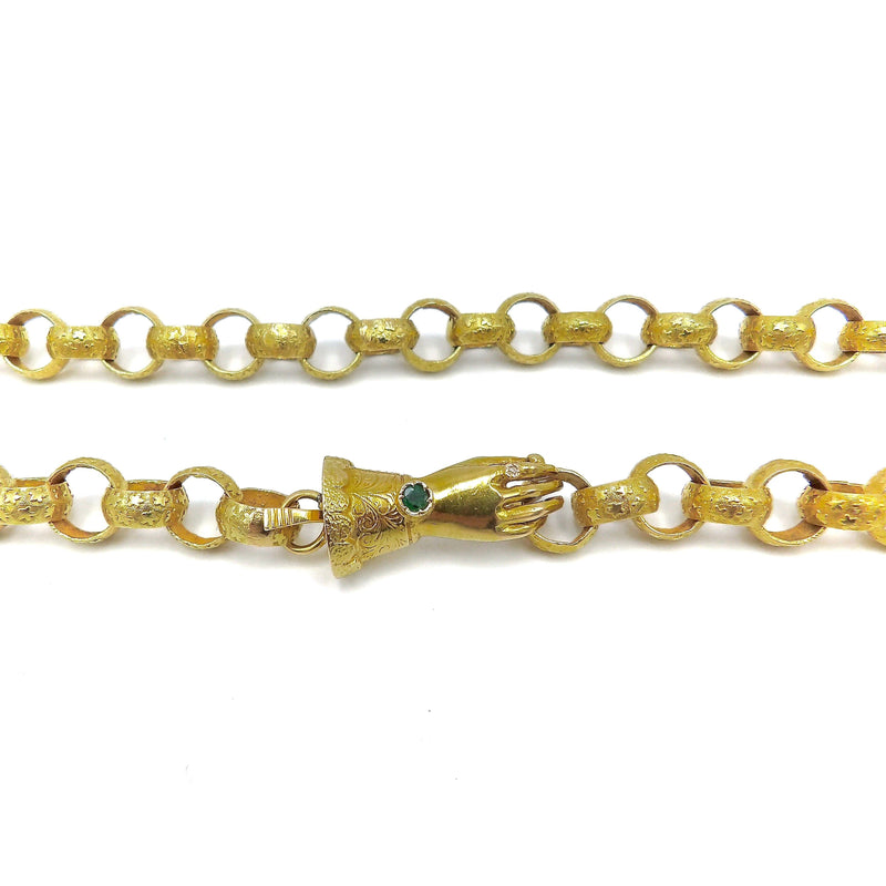 Georgian 18K Gold Muff Chain with Embellished Hand Clasp Chain Kirsten's Corner 