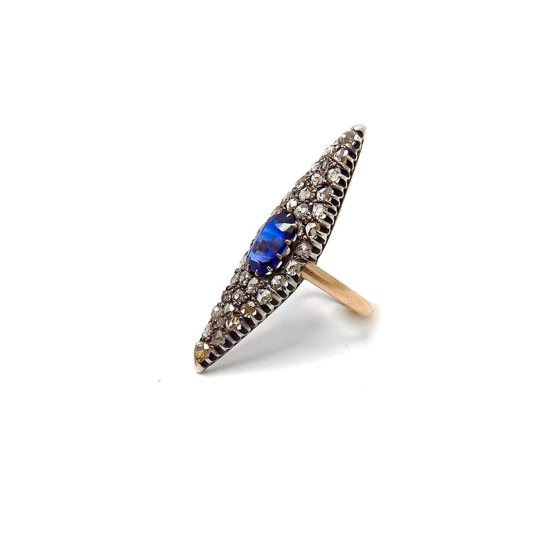 Navette Shape Silver-Topped Gold Sapphire and Diamond Ring Ring Kirsten's Corner 