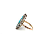 Victorian Navette Shaped 14K Gold & Silver Topped Ring with Turquoise & Diamonds Ring Kirsten's Corner 