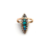 Victorian Navette Shaped 14K Gold & Silver Topped Ring with Turquoise & Diamonds Ring Kirsten's Corner 