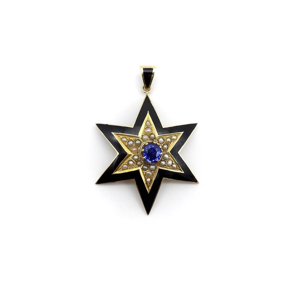 Victorian 14K Gold Star Pendant with Black Enamel, Pearl, and Sapphire Pendant Kirsten's Corner 