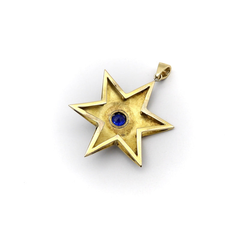 Victorian 14K Gold Star Pendant with Black Enamel, Pearl, and Sapphire Pendant Kirsten's Corner 