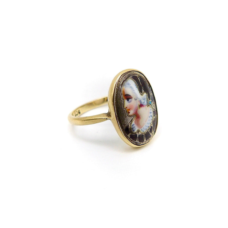 9K Gold Early Victorian English Enamel Portrait Ring Ring Kirsten's Corner Jewelry 