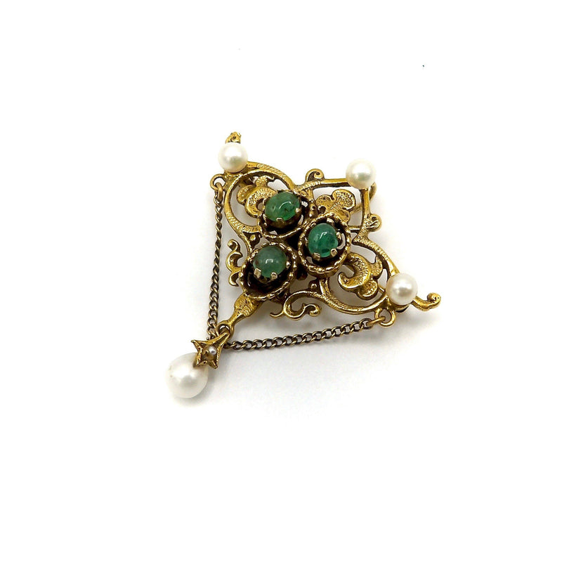 14K Gold Renaissance Revival Emerald Cabochon and Pearl Brooch-Pendant Brooch Kirsten's Corner Jewelry 