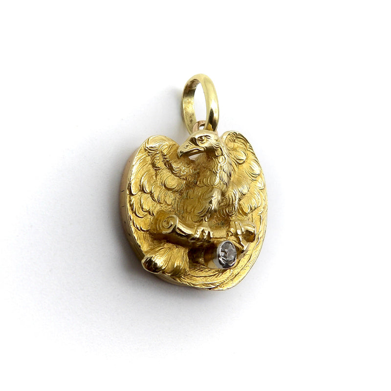 18K Gold Figural Perched Eagle Locket with Diamond locket Kirsten's Corner 