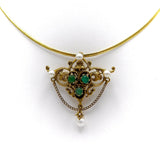 14K Gold Renaissance Revival Emerald Cabochon and Pearl Brooch-Pendant Brooch Kirsten's Corner Jewelry 