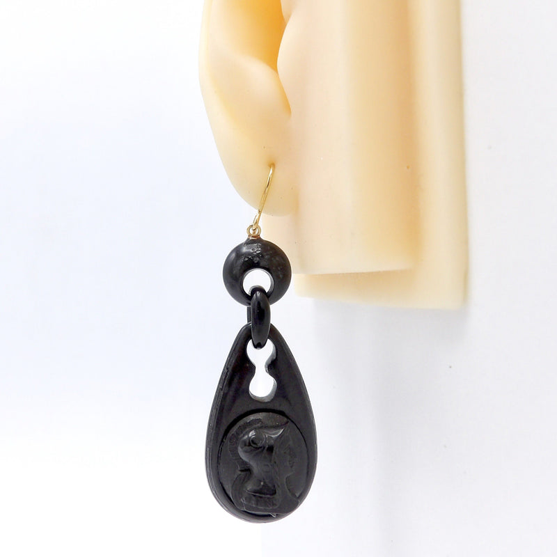 Victorian Whitby Jet & 14K Gold Drop Earrings With Warrior Cameo Earrings Kirsten's Corner Jewelry 