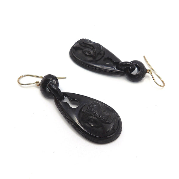 Victorian Whitby Jet & 14K Gold Drop Earrings With Warrior Cameo Earrings Kirsten's Corner Jewelry 