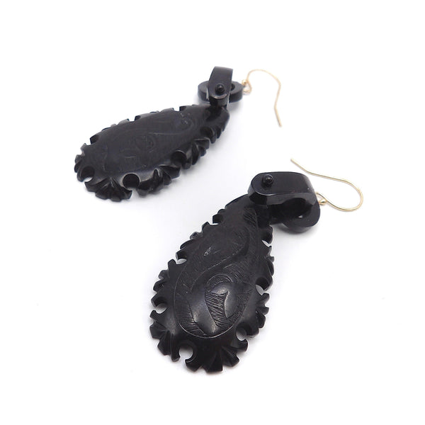 Victorian Era Carved Whitby Jet & 14K Gold Tear Drop Earrings Earrings Kirsten's Corner Jewelry 