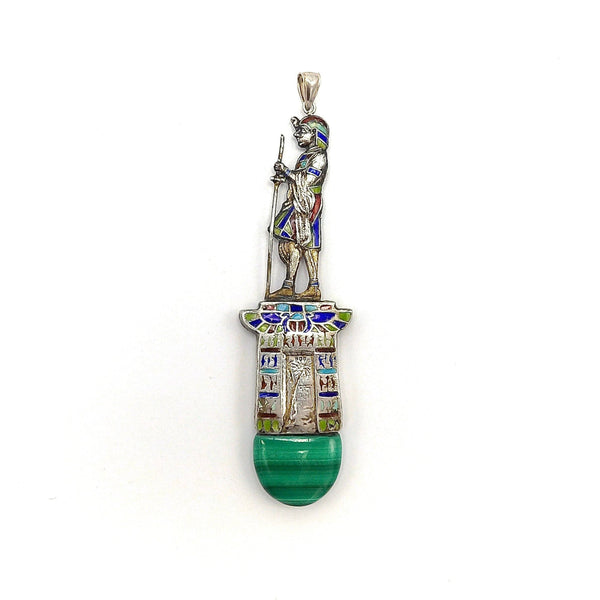 Egyptian Revival 800 Silver Enamel Figurative Pendant with Malachite Pendant Kirsten's Corner 