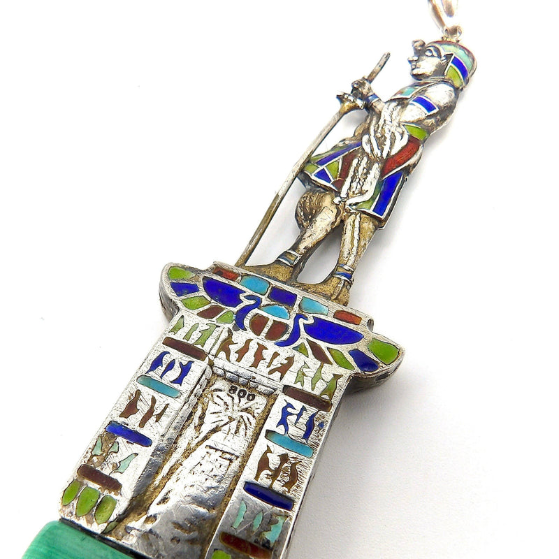 Egyptian Revival 800 Silver Enamel Figurative Pendant with Malachite Pendant Kirsten's Corner 