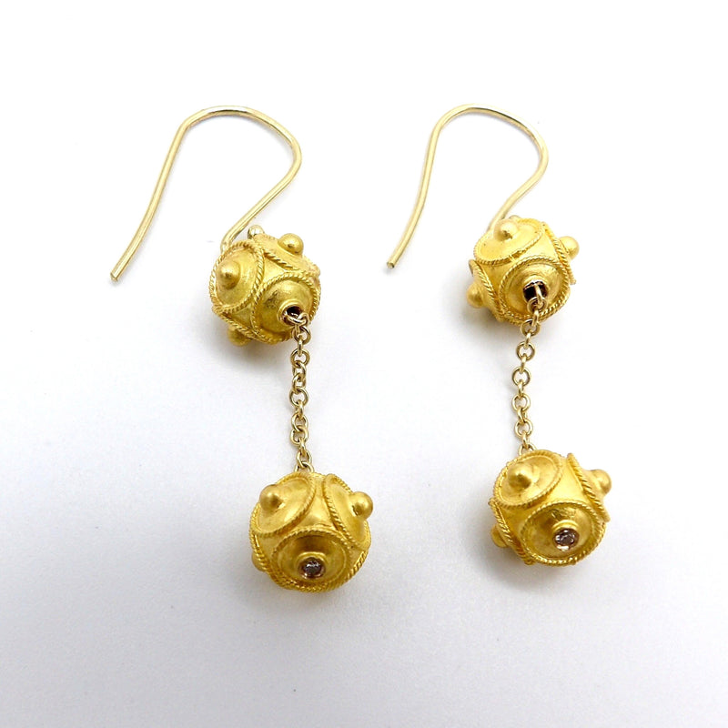 18K Gold Etruscan Revival Double Ball Dangle Earrings Earrings Kirsten's Corner Jewelry 