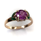 14K Gold Pink Sapphire with Green Enamel Flower Ring