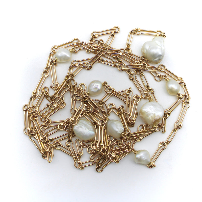 14K Gold Edwardian Long Chain with Mississippi River Pearls Chain Kirsten's Corner 