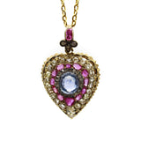 18K Gold Early Victorian Sapphire Ruby and Diamond Heart Pendant Kirsten's Corner 