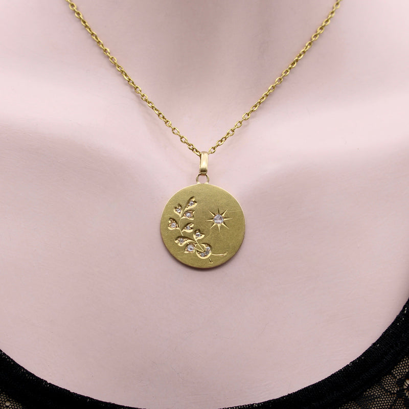 18K Gold Star, Moon, and Wheat Medallion with Rose Cut Diamonds Pendant, Charm Kirsten's Corner 