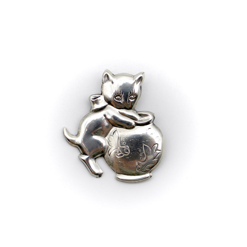 Sterling Silver Cat and Fishbowl Pin Brooches, Pins Kirsten's Corner 