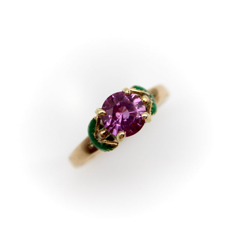 14K Gold Pink Sapphire with Green Enamel Flower Ring Ring Kirsten's Corner Jewelry 