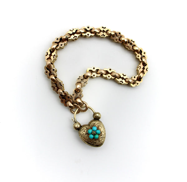 Early 10K Gold Victorian Heart Padlock Bracelet with Fancy Link Chain Bracelet Kirsten's Corner 