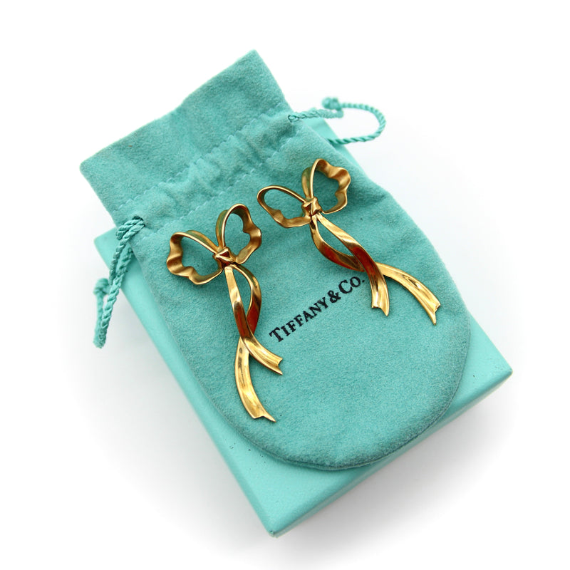 18K Gold Tiffany & Co. Long Ribbon Bow Earrings Earrings Kirsten's Corner 