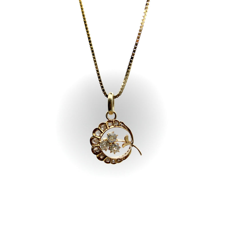 Victorian 18K Gold Crescent Moon and Clover Pendant with Diamonds Pendant, Charm Kirsten's Corner 