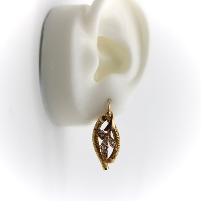 Victorian 14K Gold and Seed Pearl Leaf Shaped Earrings Earrings Kirsten's Corner Jewelry 